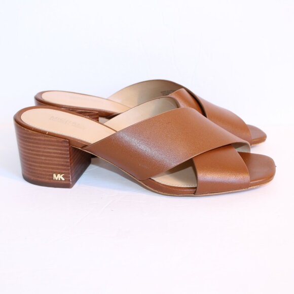 Michael Kors Abbott Tan Leather Cognac Criss Cross Slide Mule Sandal Heel Sz 6 - Picture 5 of 14